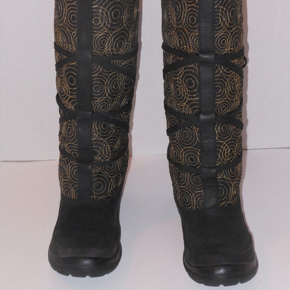 TIMBERLAND BLACK AND GOLD LEATHER AND FAUX FUR KNEE-HIGH BOOTS SIZE 6.5 MEDIUM - Picture 6 of 9